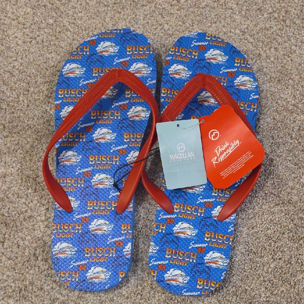 Busch Light Flip Flops with Red Straps